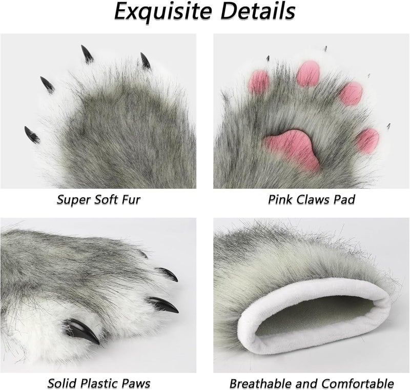 hbbhml Faux Fur Plush Furry Cat Claw Gloves Fursuit Animal Fox Paws Mittens Halloween Cosplay Costume Accessories for Adult - Image 4